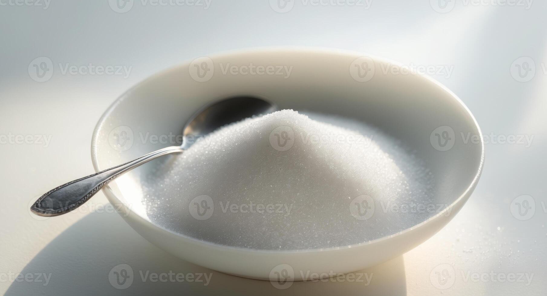 A simple scene showing a bowl of sugar and a spoon inside photo