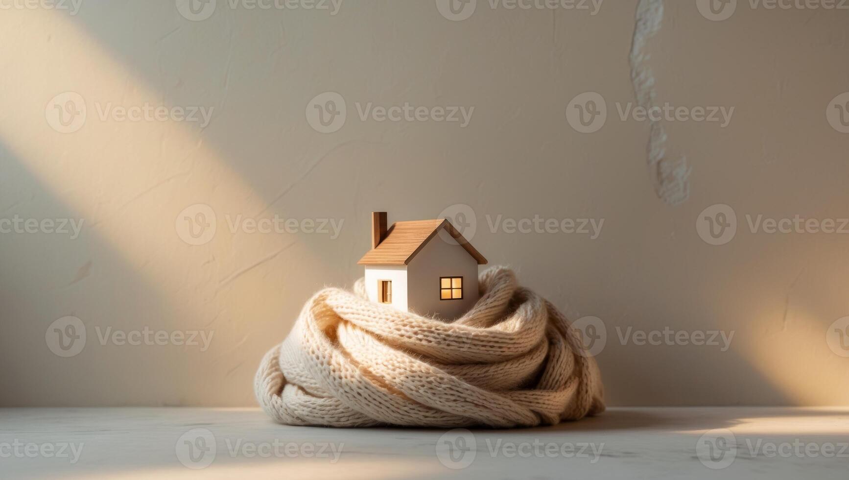 Cozy Home Concept with Miniature House Wrapped in Warm Knitting photo