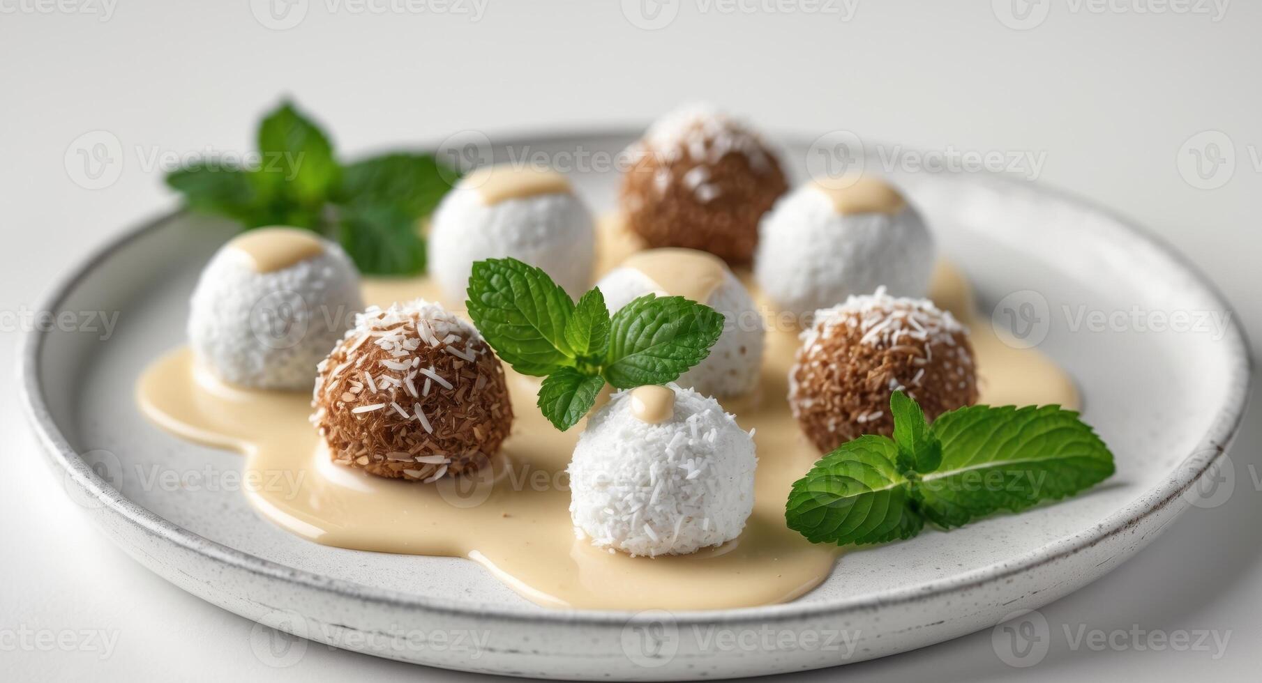 Delicious Coconut Truffles with Creamy Sauce and Mint Garnish in Upscale Presentation photo