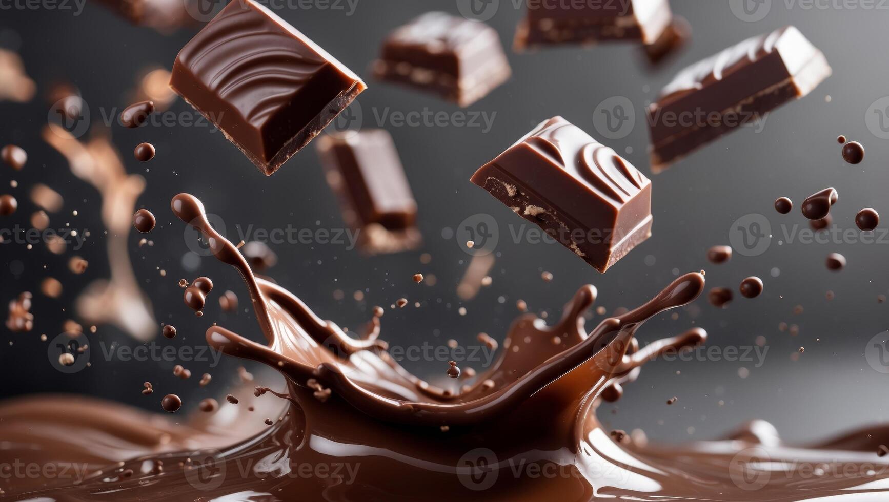 Delicious chocolate bar pieces falling into chocolate splash photo