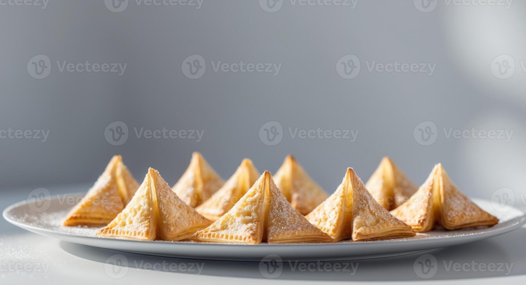Plate of golden triangular pastries dusted with sugar on a gray background photo