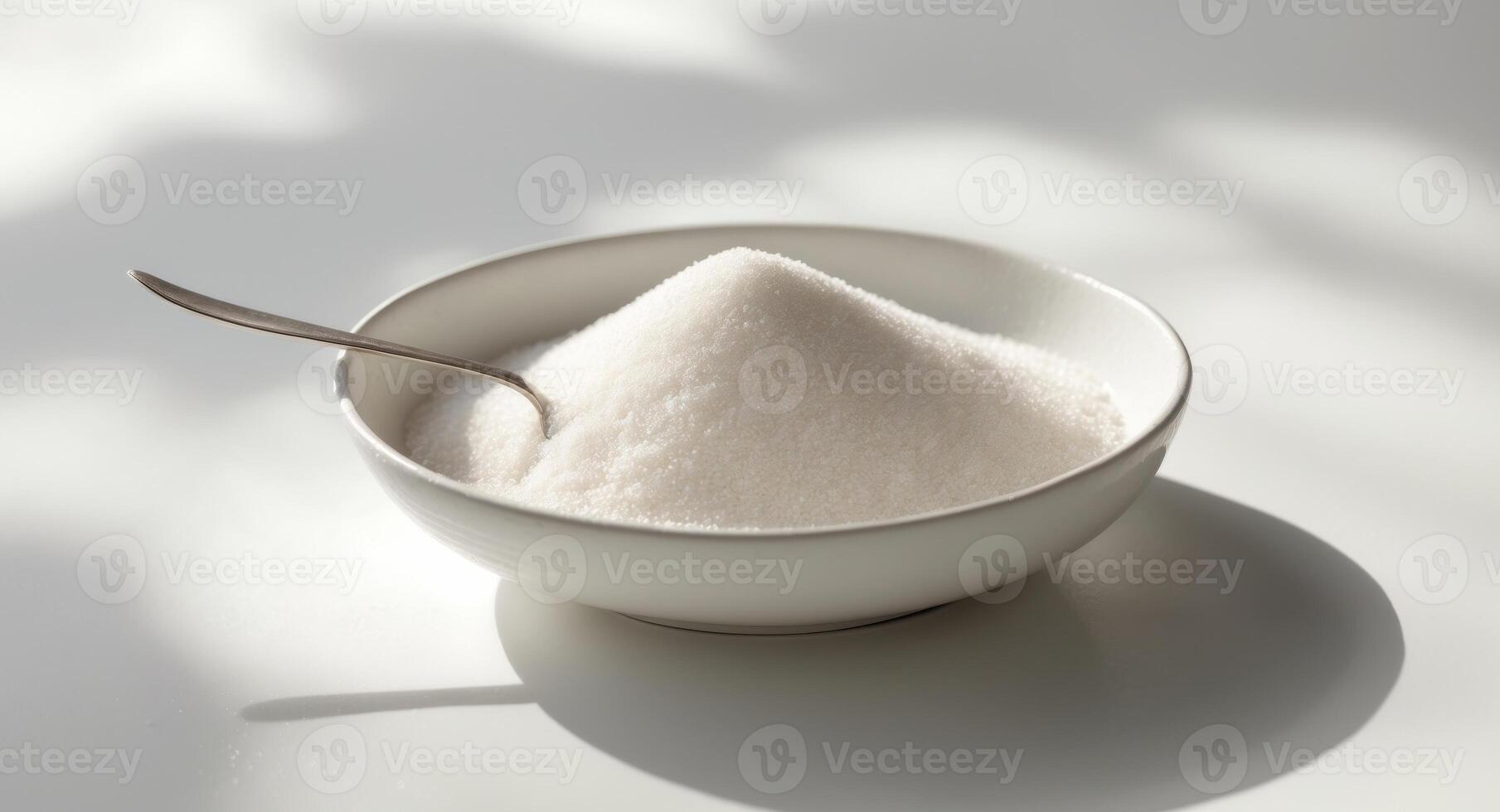 A simple scene showing a bowl of sugar and a spoon inside photo