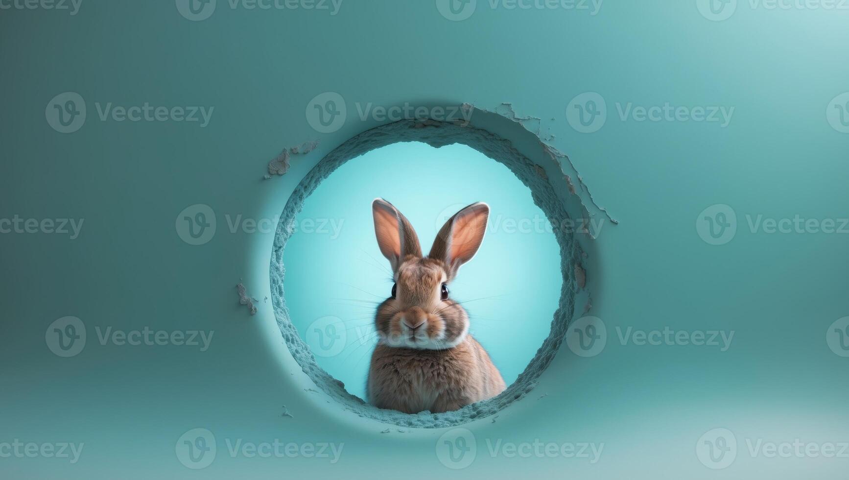 rabbit coming through a hole in the aqua background photo