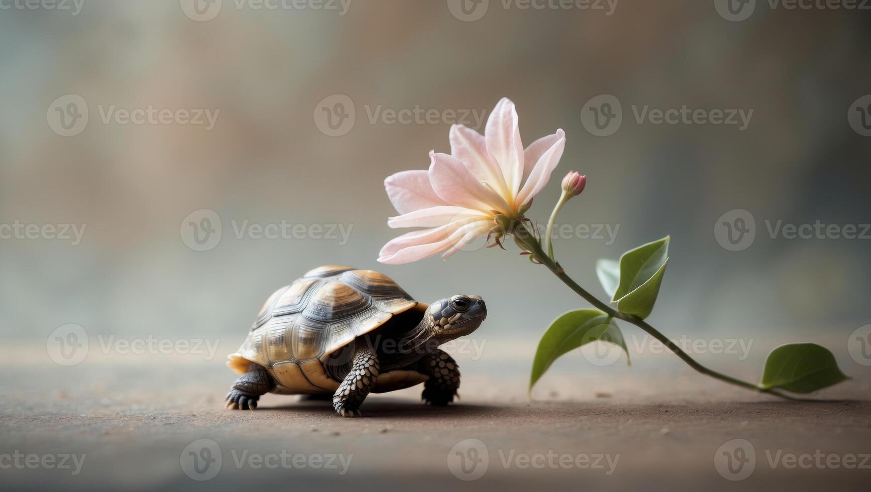Tiny tortoise sheltering under a blooming flower. photo