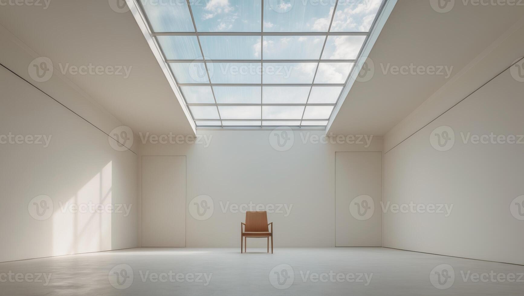 A chair in an empty room with skylights photo