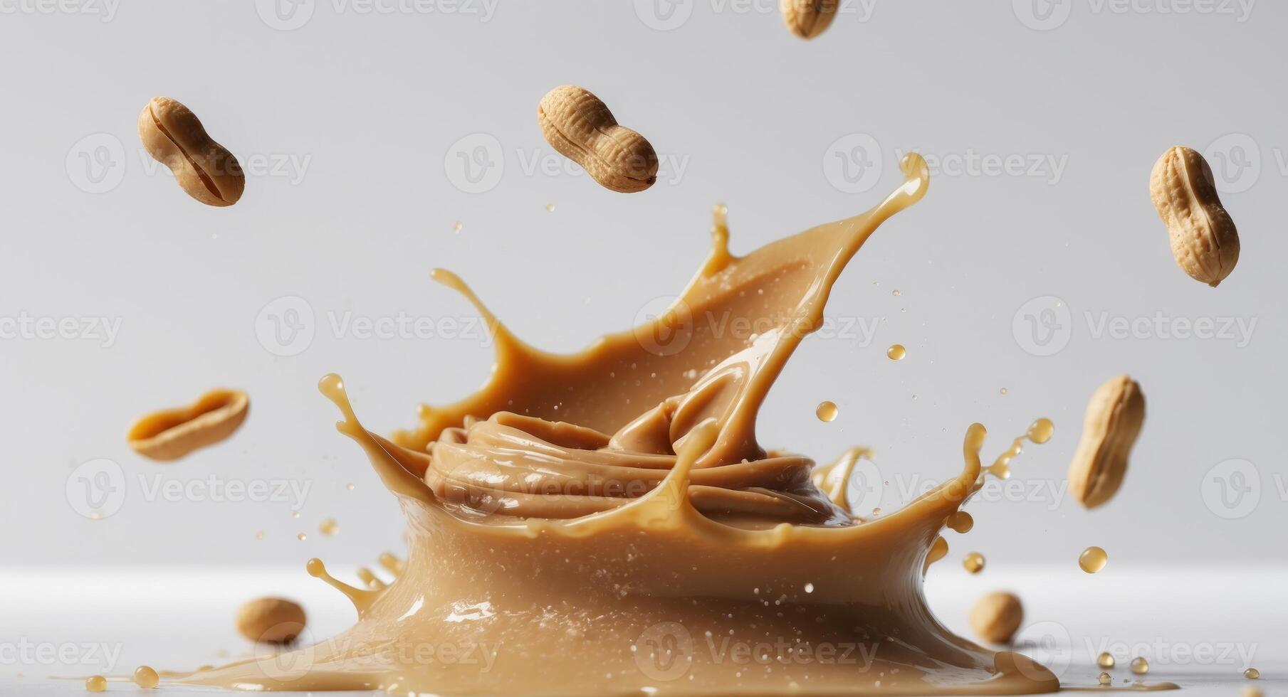 Peanut butter splash with peanuts on white background photo
