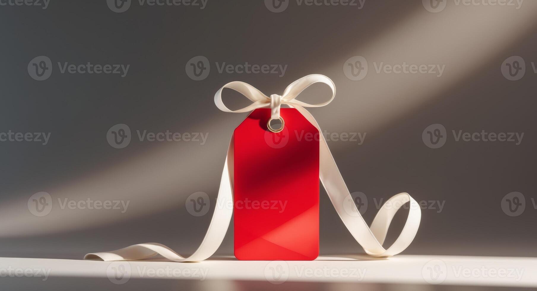 A red gift tag with a white ribbon tied around it photo