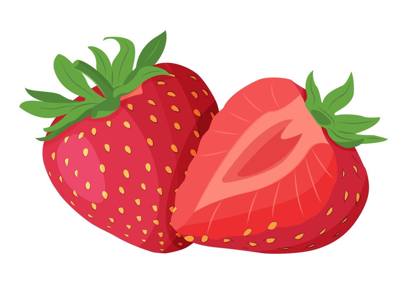 Fresh sweet strawberries. Halved and whole Red berries. Hand drawn summer strawberry trendy flat style isolated for design. illustration vector