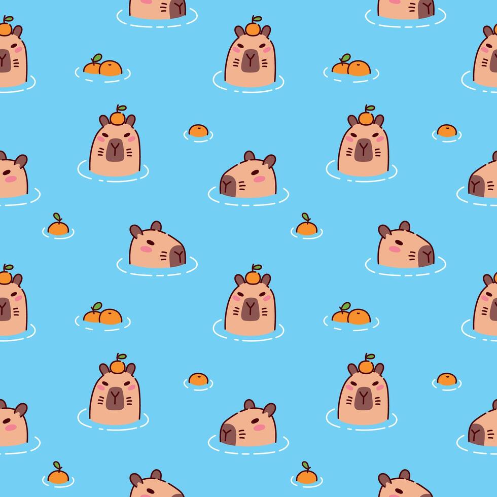 linda carpincho en estanque sin costura modelo. calma capibaras Relajado y relajante en agua con naranjas gracioso dibujos animados caracteres tomar bañera con solamente cabezas visible vector