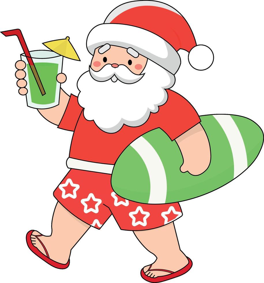 Santa Claus in summer, tourist with surfboard and juice in hand, tropical vector