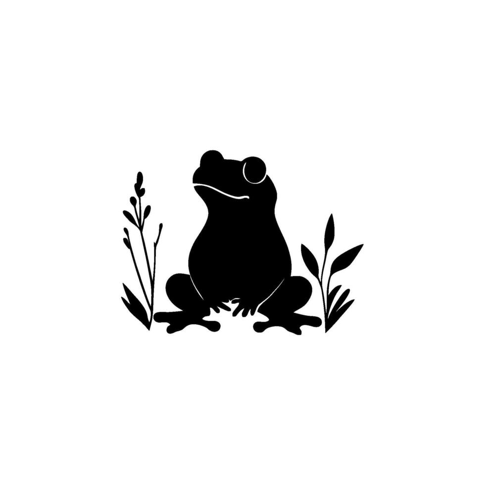 a black and white silhouette of a frog sitting on a grassy hill vector