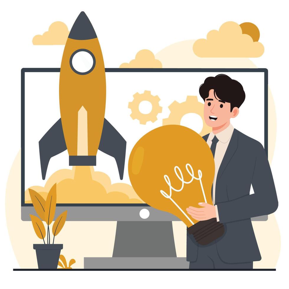 Businessman holding light bulb in front of computer screen. Successful startup concept. Flat style illustration. vector