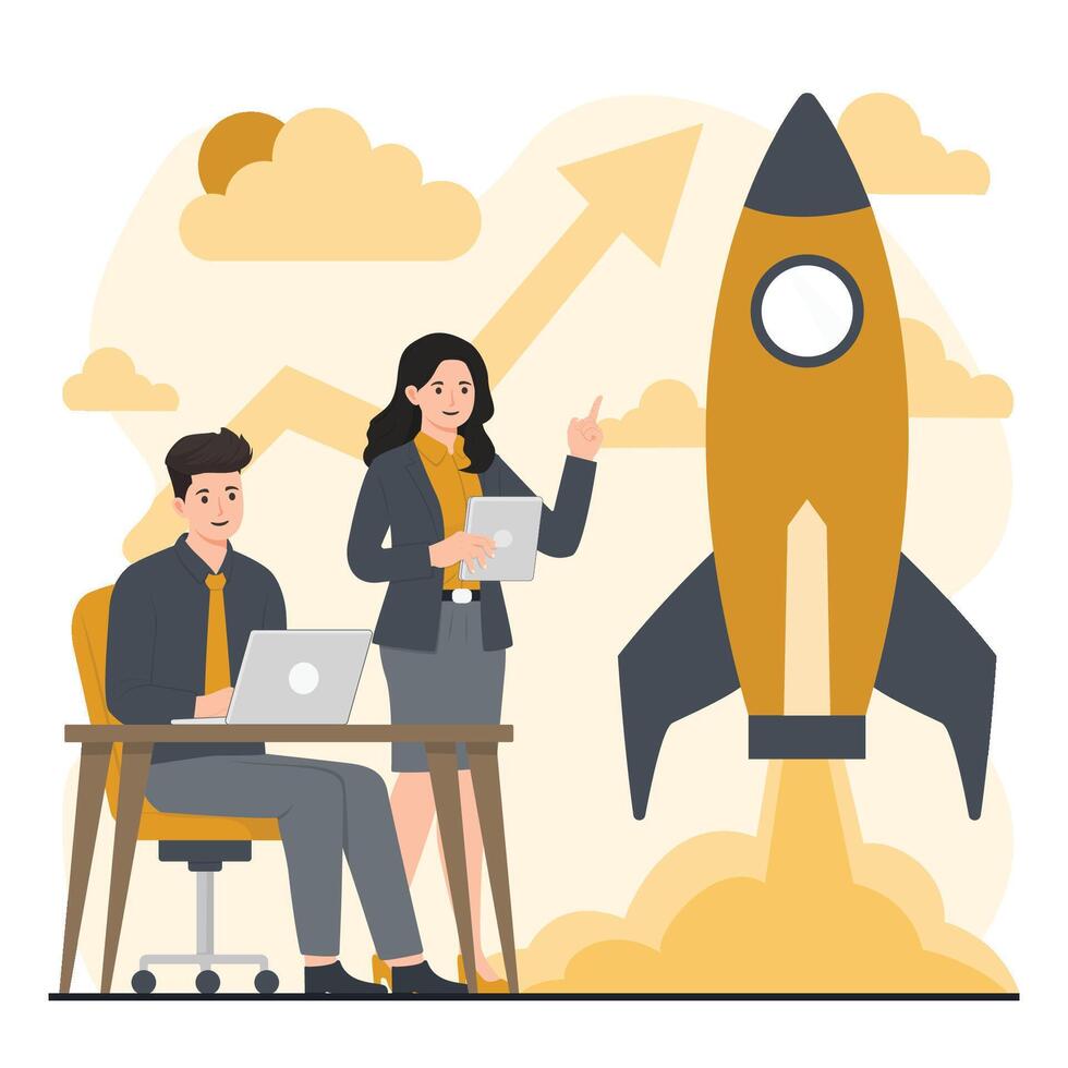 Business people working on a rocket. illustration in a flat style vector