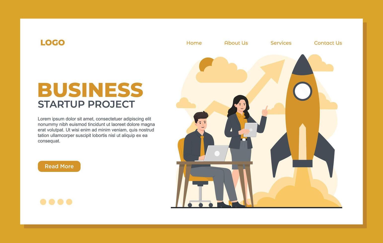 illustration of business success landing page template. Businessman and businesswoman sitting at desk with laptop and rocket on background. vector