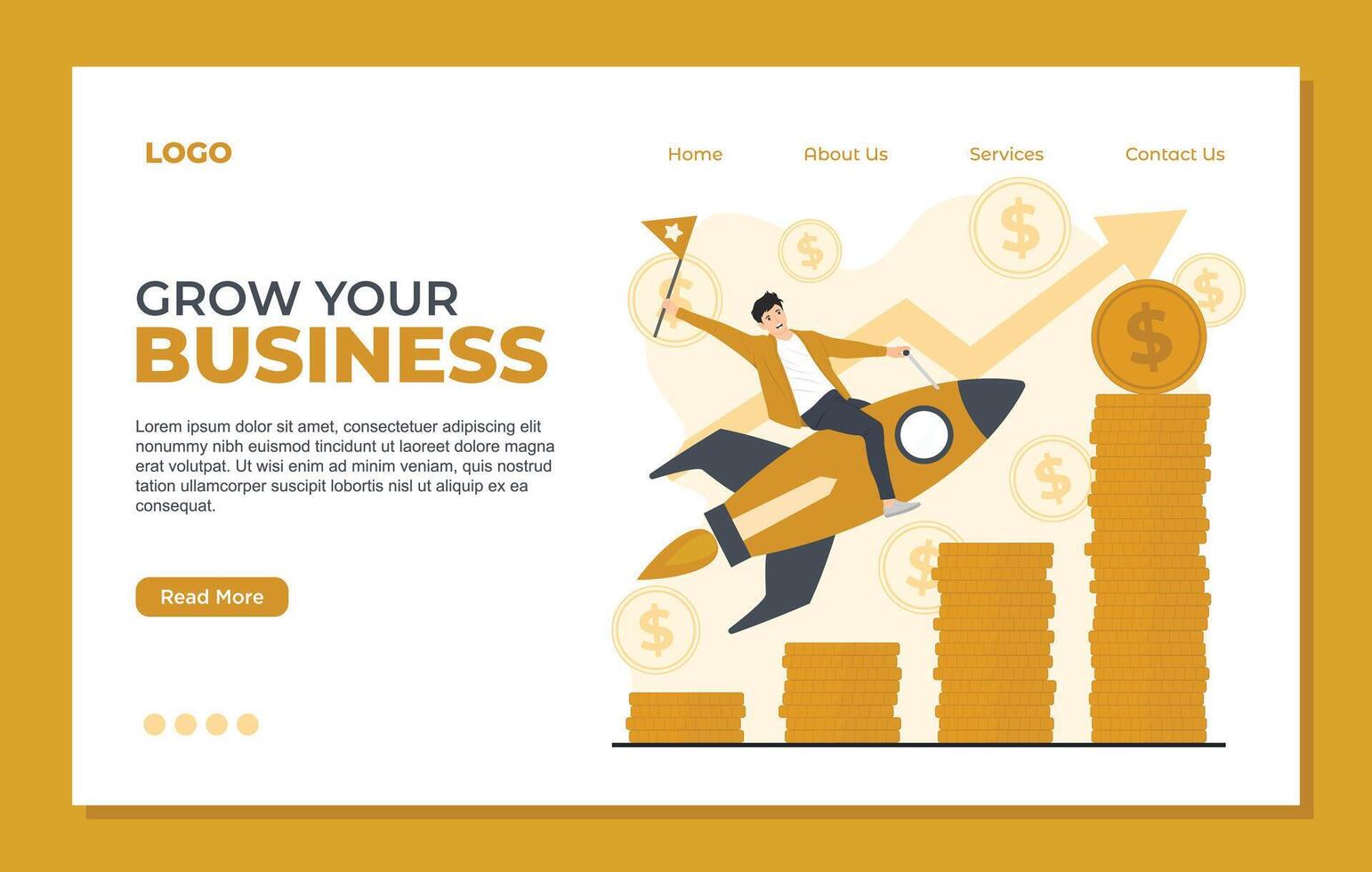 Flat design illustration concept of growth business. Successful businessman flying on rocket with gold coins. vector
