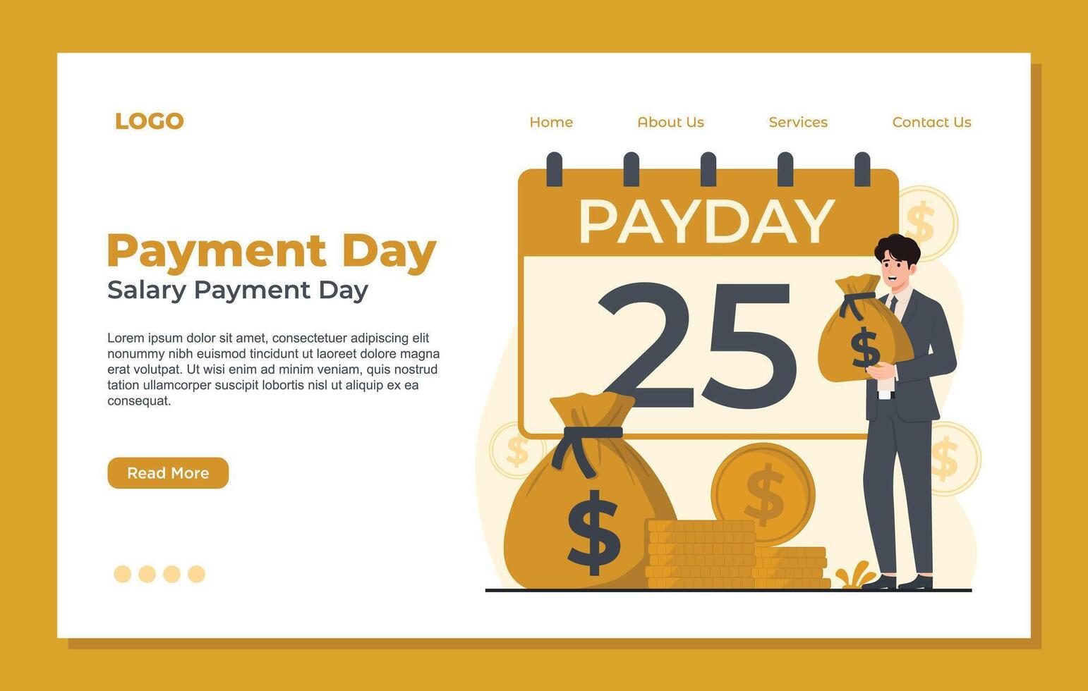 Landing page template showcasing salary payment day with money bags, coins, and a payday calendar, representing scheduled payments and financial planning vector