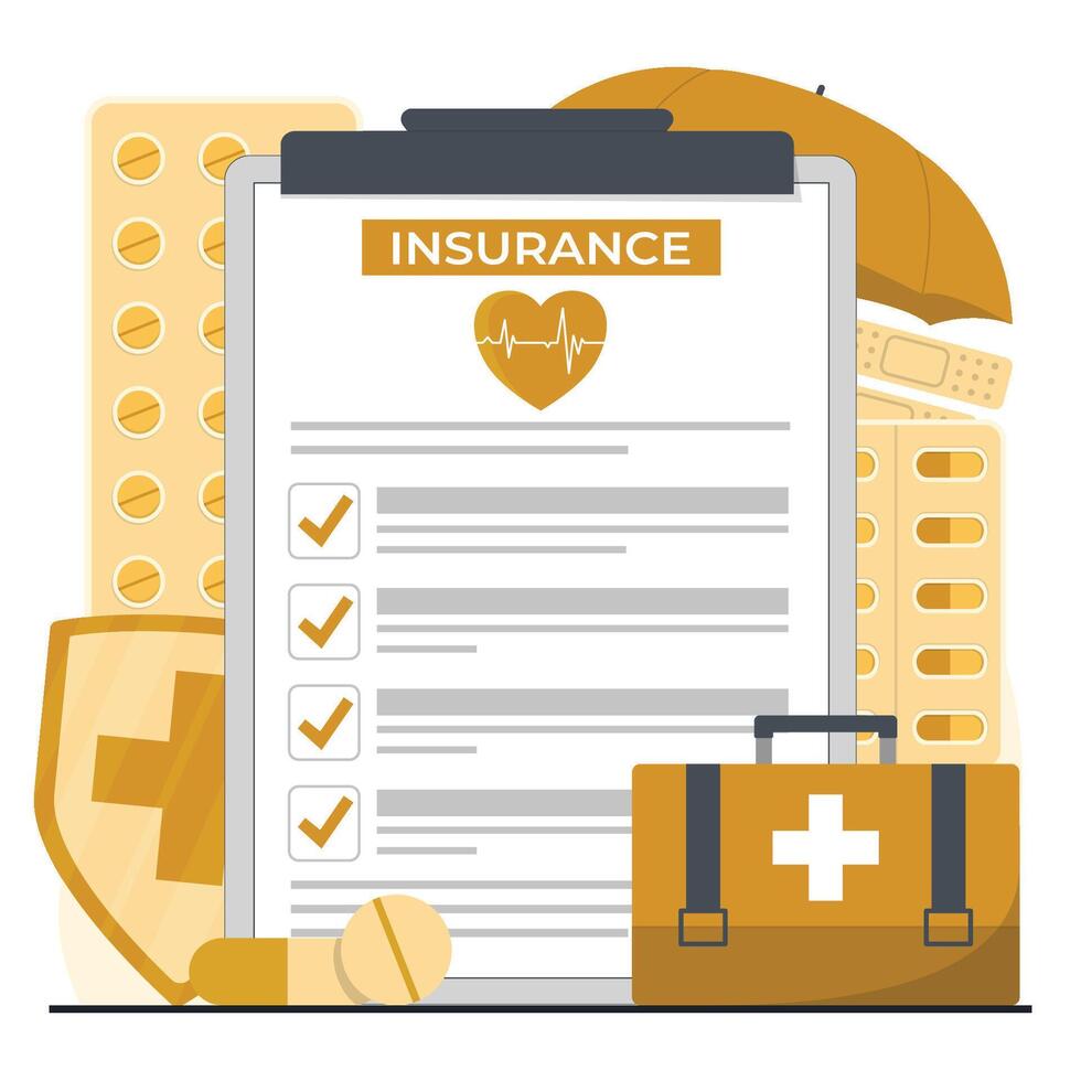 Illustration displaying a health insurance policy, first aid kit, and medical elements, emphasizing healthcare coverage and financial security vector