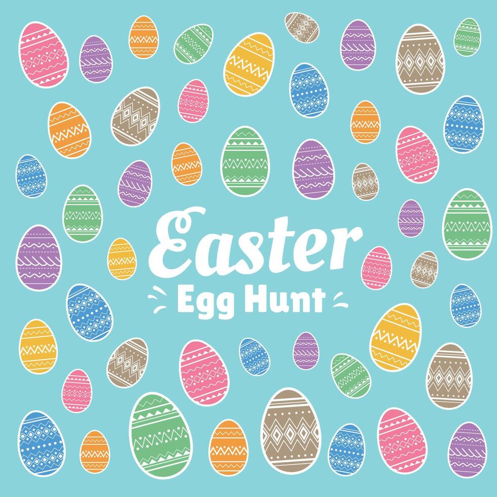 Easter Egg Hunt banner or poster design template with different bright colorful eggs on blue background vector