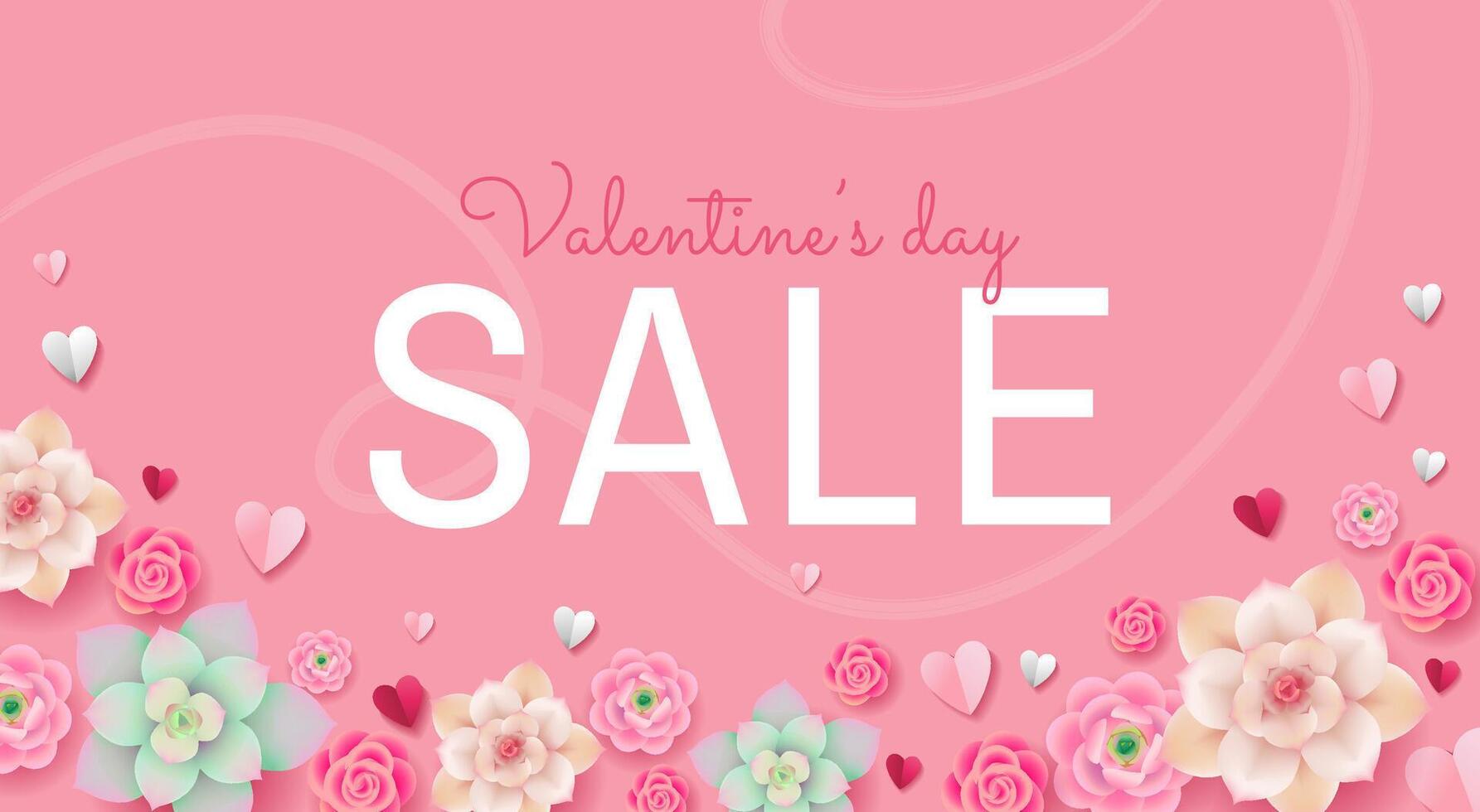 Valentine's Day Sale web banner or flyer concept with white and pink paper hearts and cute flowers illustration. Romantic design template vector