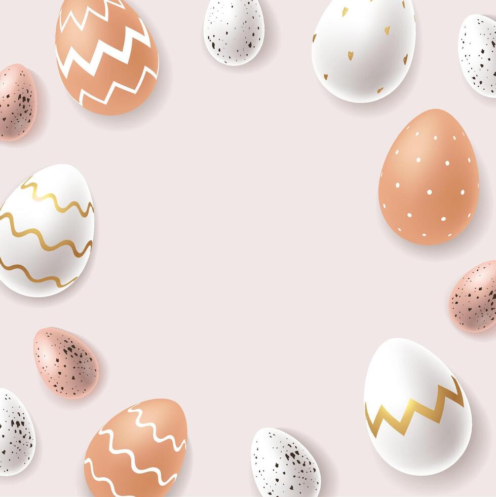 Realistic Easter eggs background with space for text. White, brown chicken and quail spotted eggs with modern minimalistic ornament vector