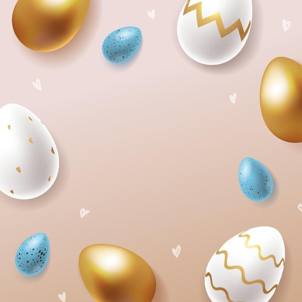 Realistic Easter eggs background for web, banner or social media. Golden, blue and white eggs with modern ornament. Quail and chicken eggs on beige background vector