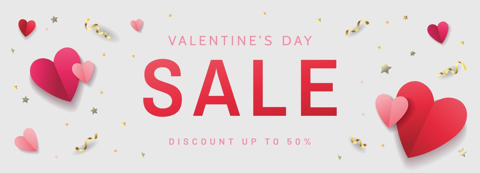 Banner or flyer concept for Valentine's Day sale. Pink and red paper hearts with confetti on light background. Horizontal format vector
