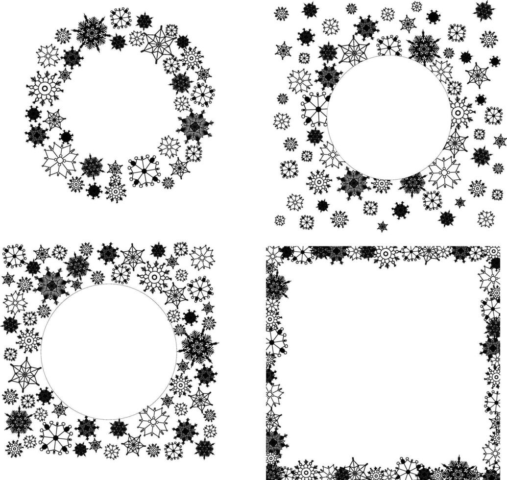 New Year, Christmas round snow frames. Set of winter graphic line abstract backgrounds, border templates with empty space for text. Circle, ring shapes made of snowflakes. vector