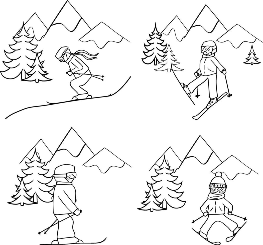 Skier in mountains with pine trees composition set. graphic line composition in mountains. Design. vector