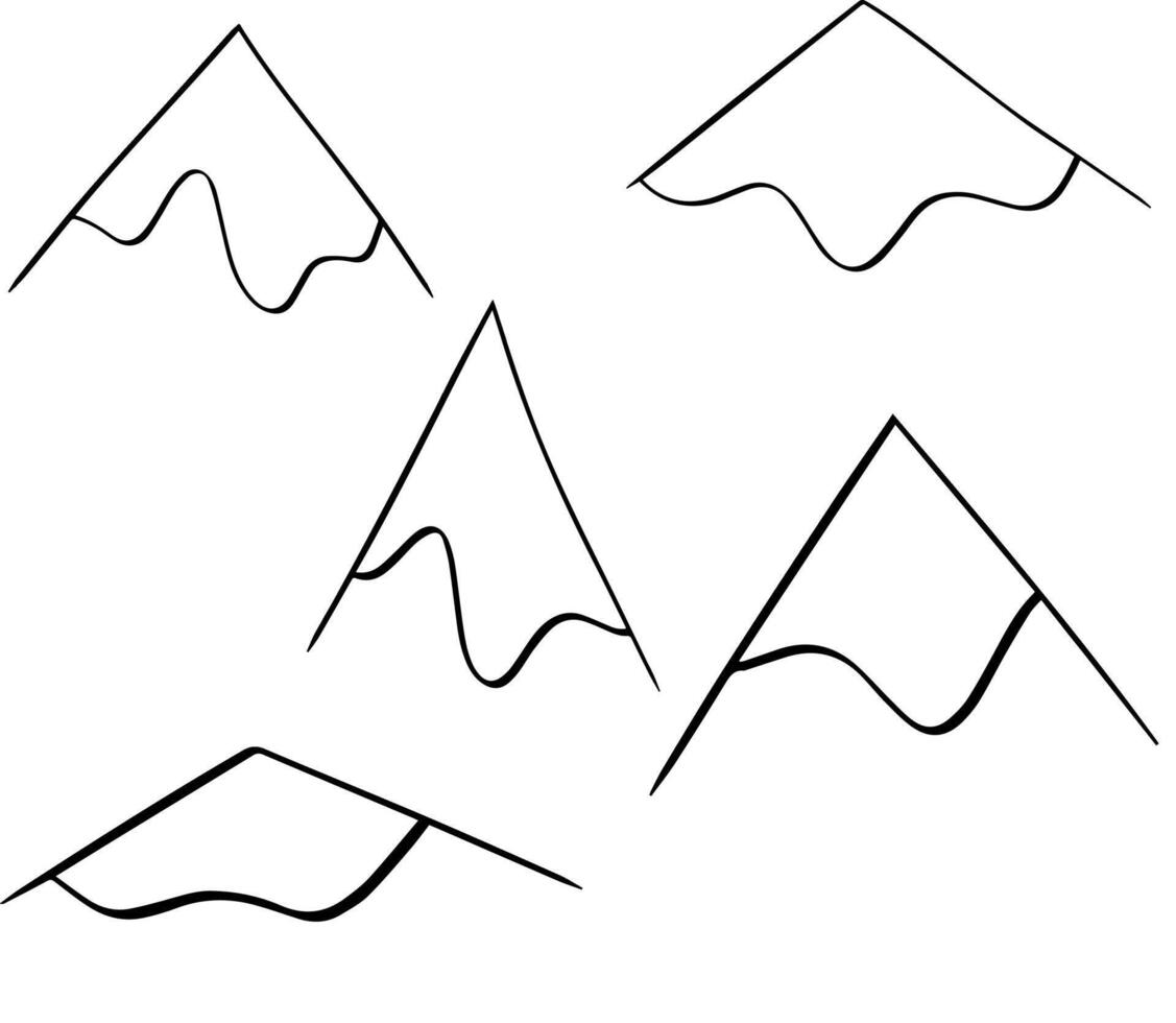 Hand Drawn mountain peaks with snow illustration set, landscape nature silhouette, engraving style, illustration. vector