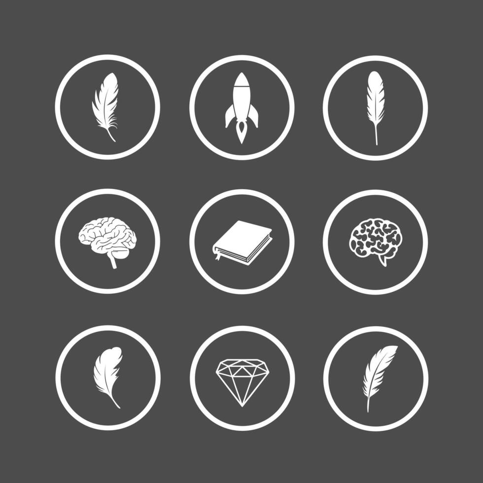 Knowledge icon set, brain, feather, rocket, diamond vector