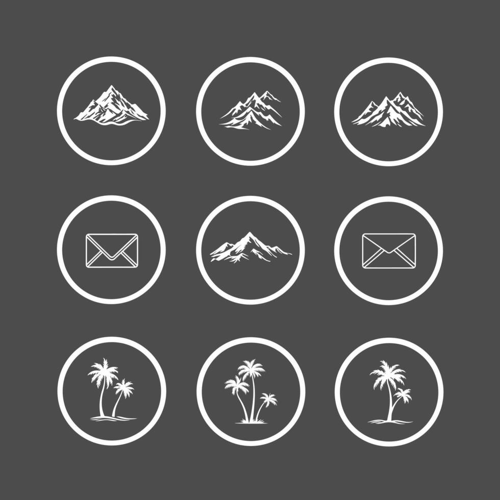 Travel icon set, mountains, mails, palm tree vector