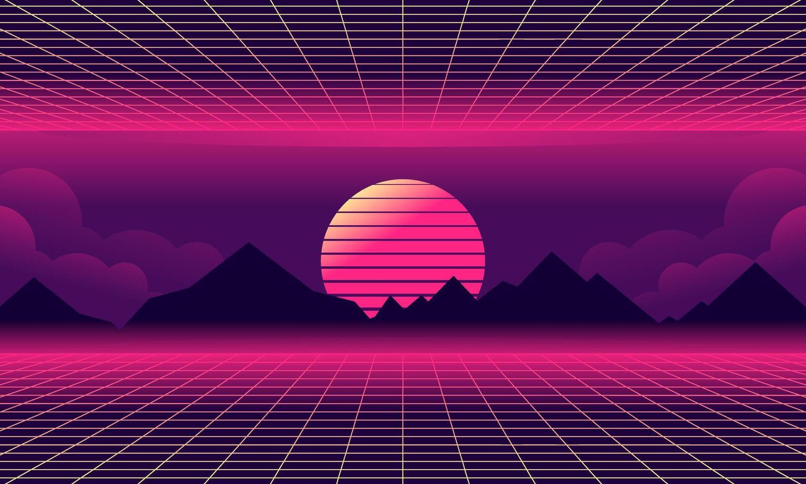 Vaporwave Landscape Illustration. Retro Landscape Skyline with Neon Light Grid Sun and Mountain Sci-Fi Futuristic Concept for Background and Wallpaper vector