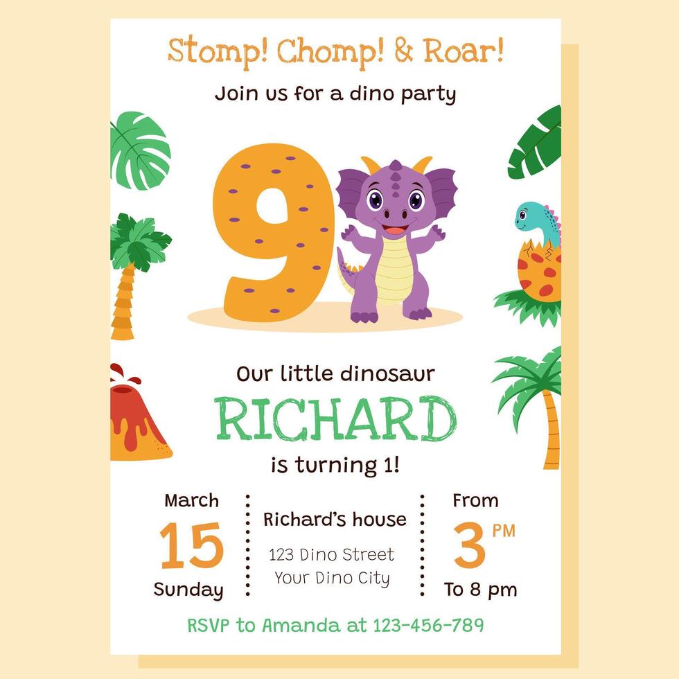 Birthday party invitation with dinosaur and birthday anniversary number. Dinosaur concept. vector