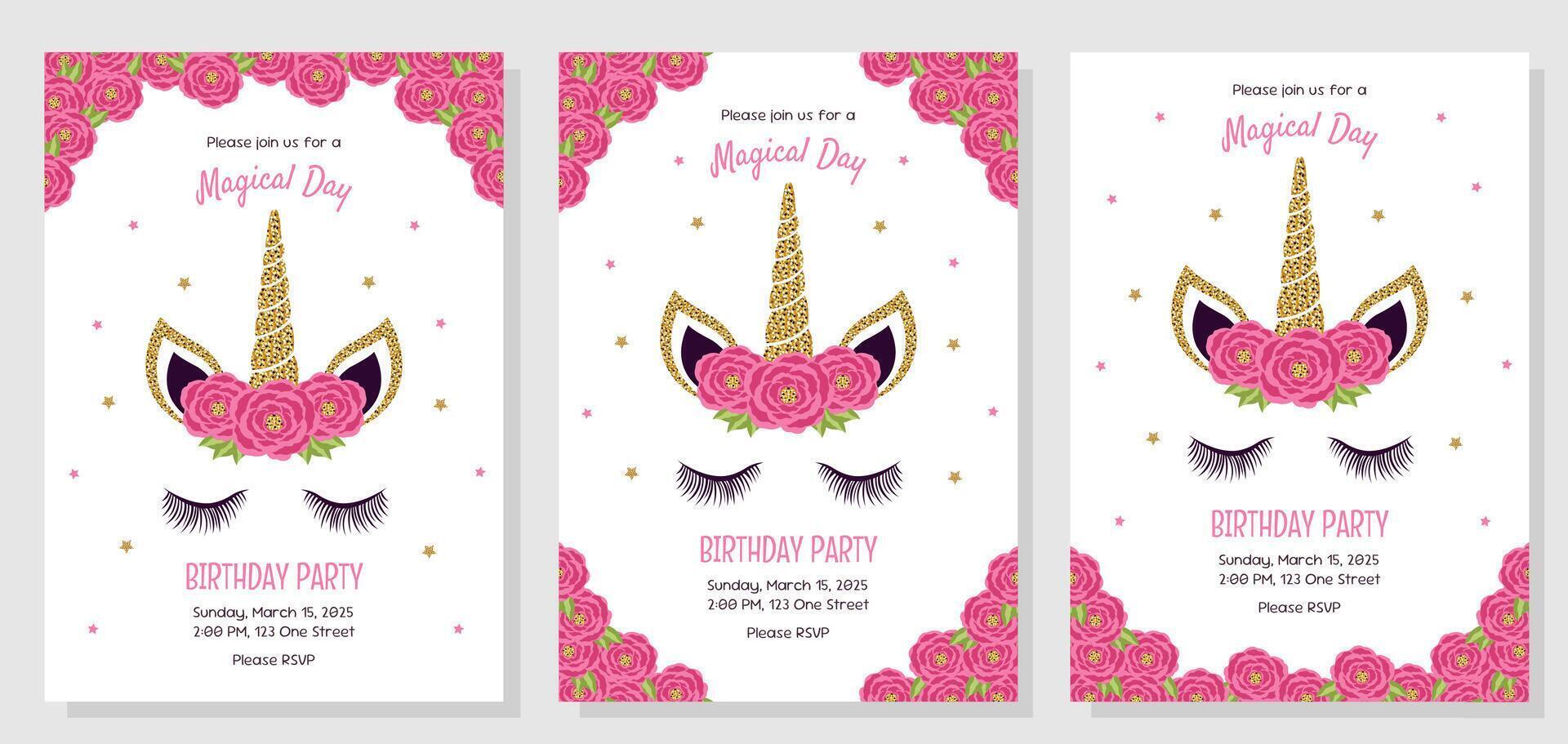 Unicorn set of birthday party invitations, greeting cards. Invitations with unicorn elements and roses. vector