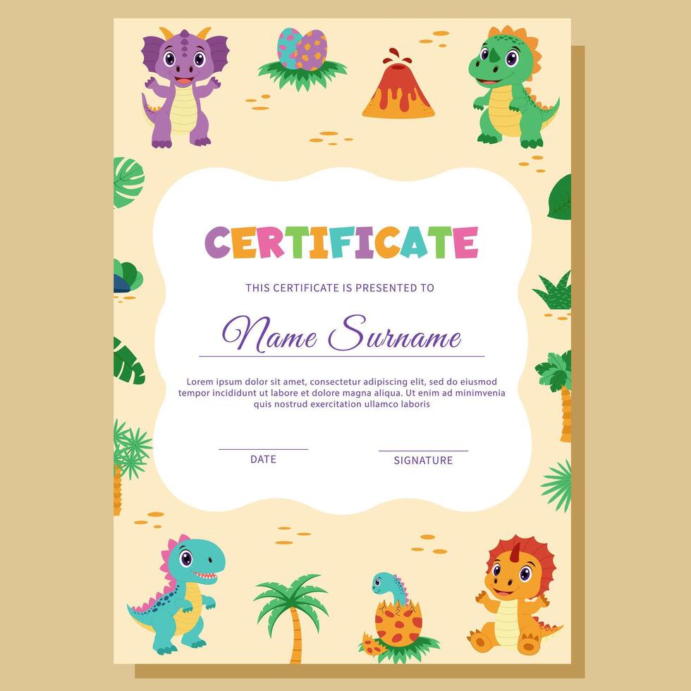 Dinosaur certificate. Template with dinosaurs and tropical plants. vector