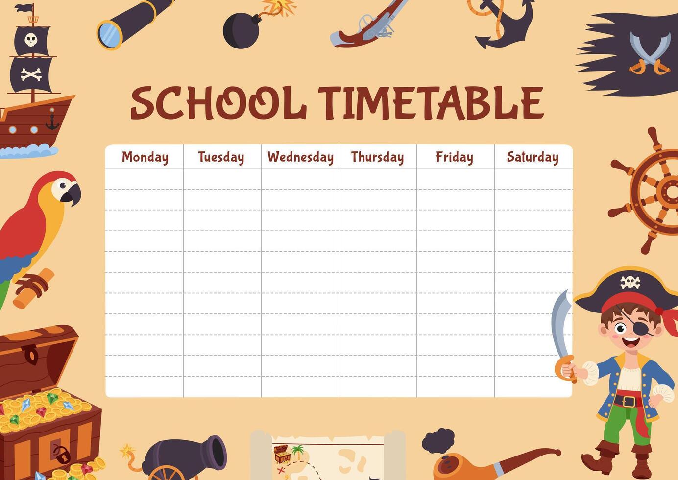 School timetable with pirate concept. Timetable with pirate elements. vector