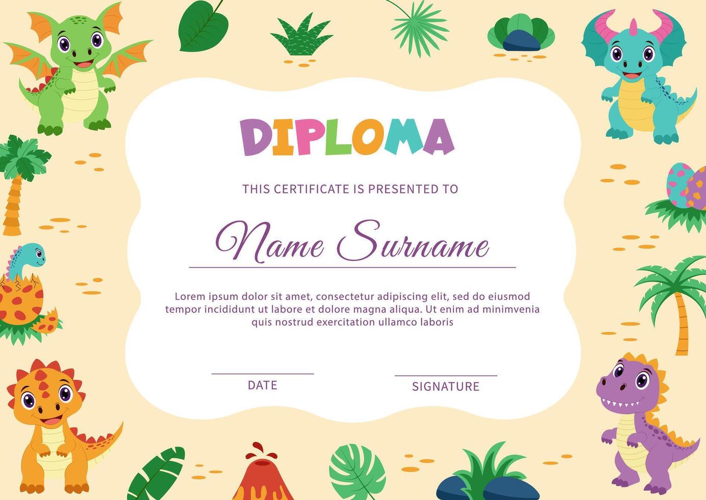 Diploma with dinosaur concept. Template with dinosaurs and tropical plants. vector