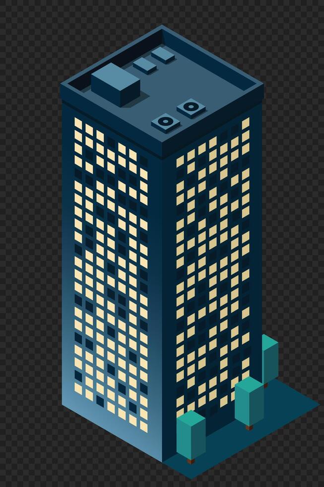 Isometric city building at night. Isometric modern building. Skyscraper building or business office. illustration vector