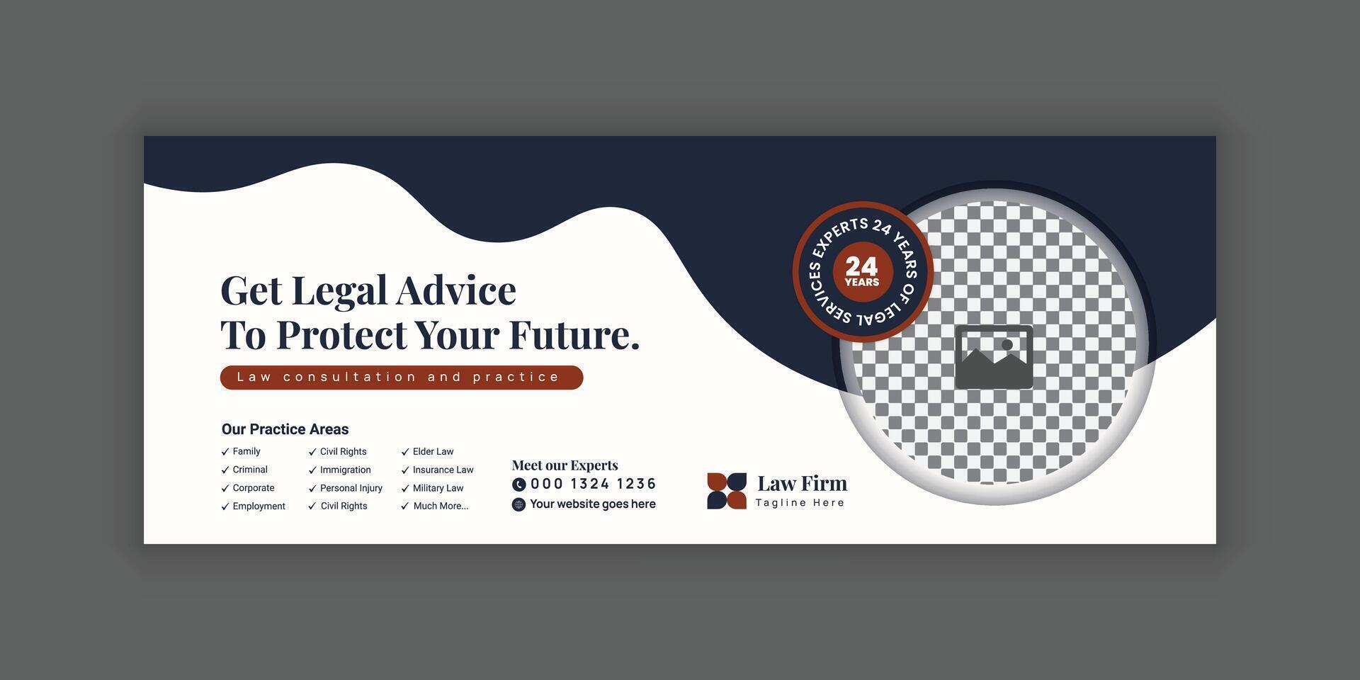 Law Services Social Media Banner Design or Law Consulting Online Banner Template and Flat Law Firm Advertising web banner and Horizontal banner template vector