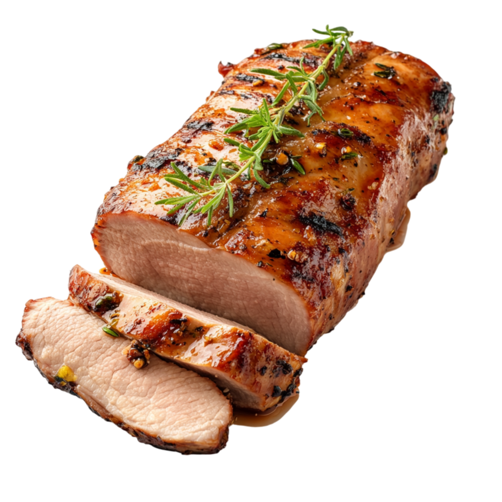 Pork Loin Sliced and Garnished with Herbs Isolated On Transparent Background png