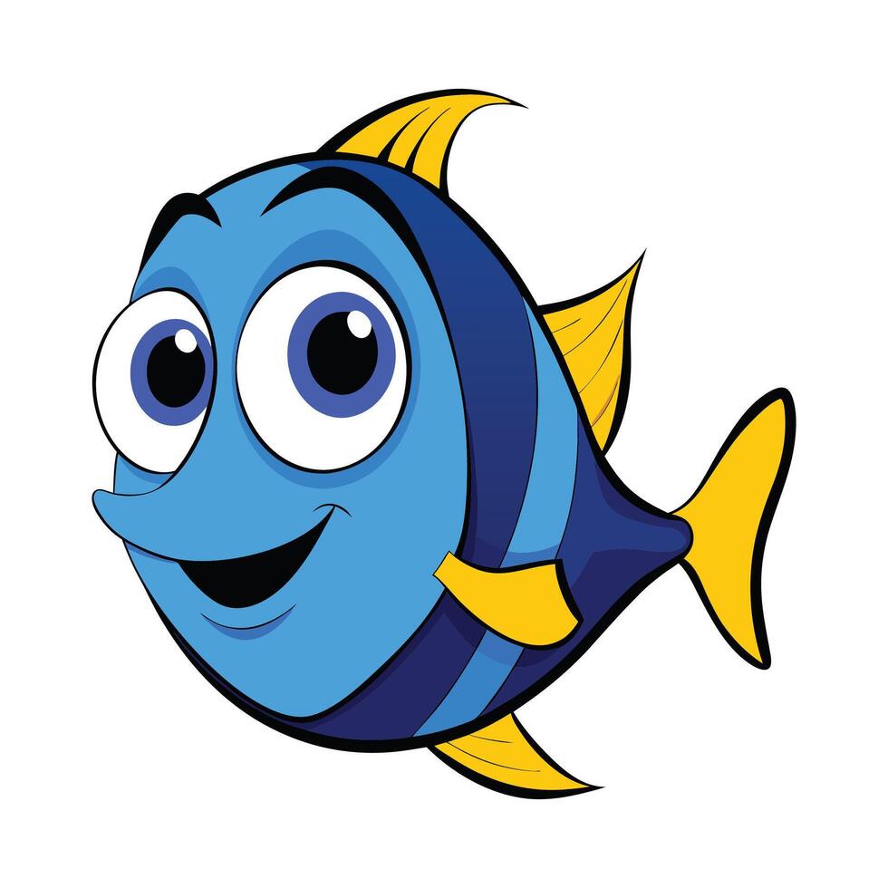 A Cartoon Cute Blue Tang Fish with Big Eyes and a Smile vector