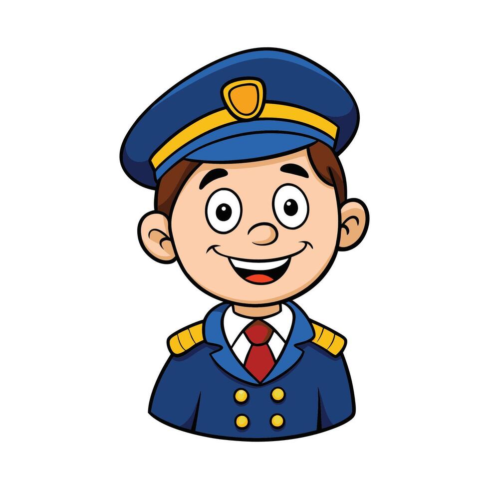 Cheerful Cartoon Pilot Character in Blue Uniform and Cap Smiling on White Background vector