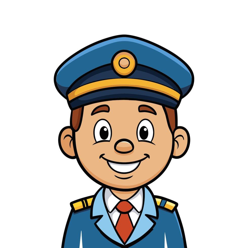 A Happy Cartoon Pilot Character in Blue Uniform and Hat Smiling on White Background vector