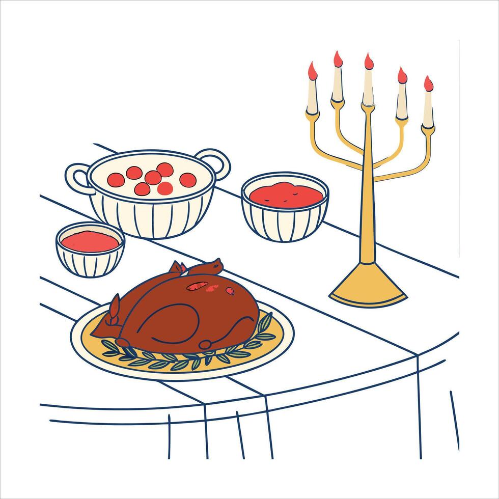 Candlelit dinner, fried chicken, potatoes, salad vector