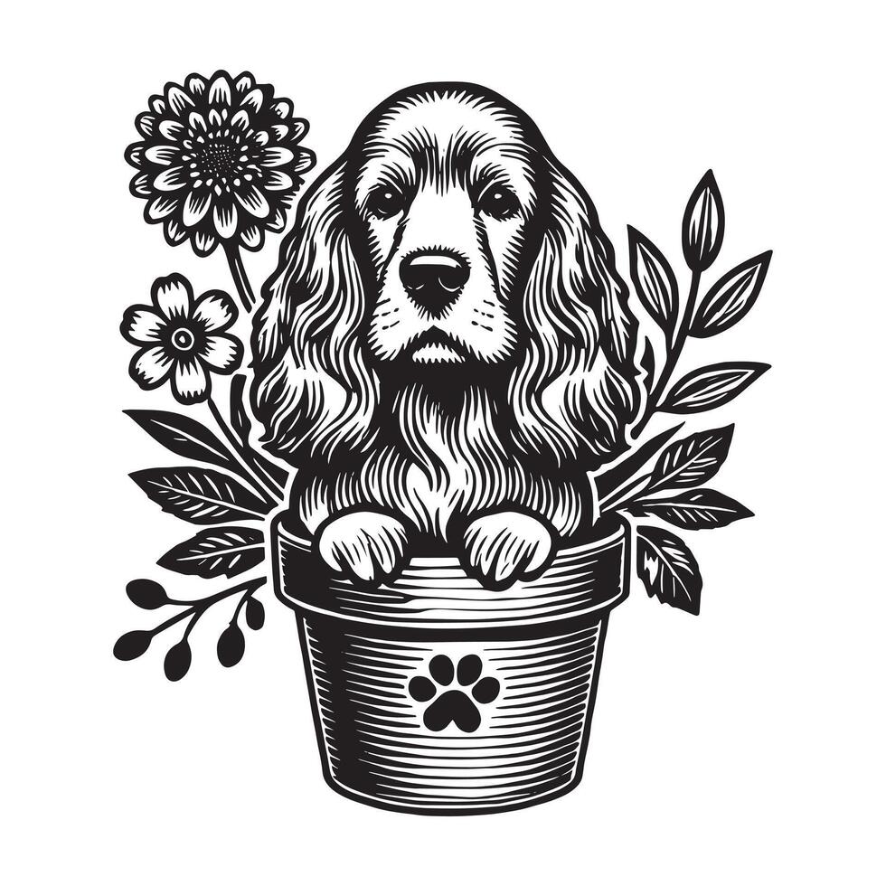 Cocker Spaniel In A Flower Pot dog vector
