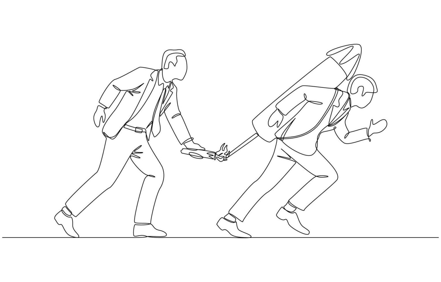 Continuous one line drawing of businessman helping young employee run faster by lighting huge firework, providing support to enhance skills for rapid career advancement concept, single line art vector