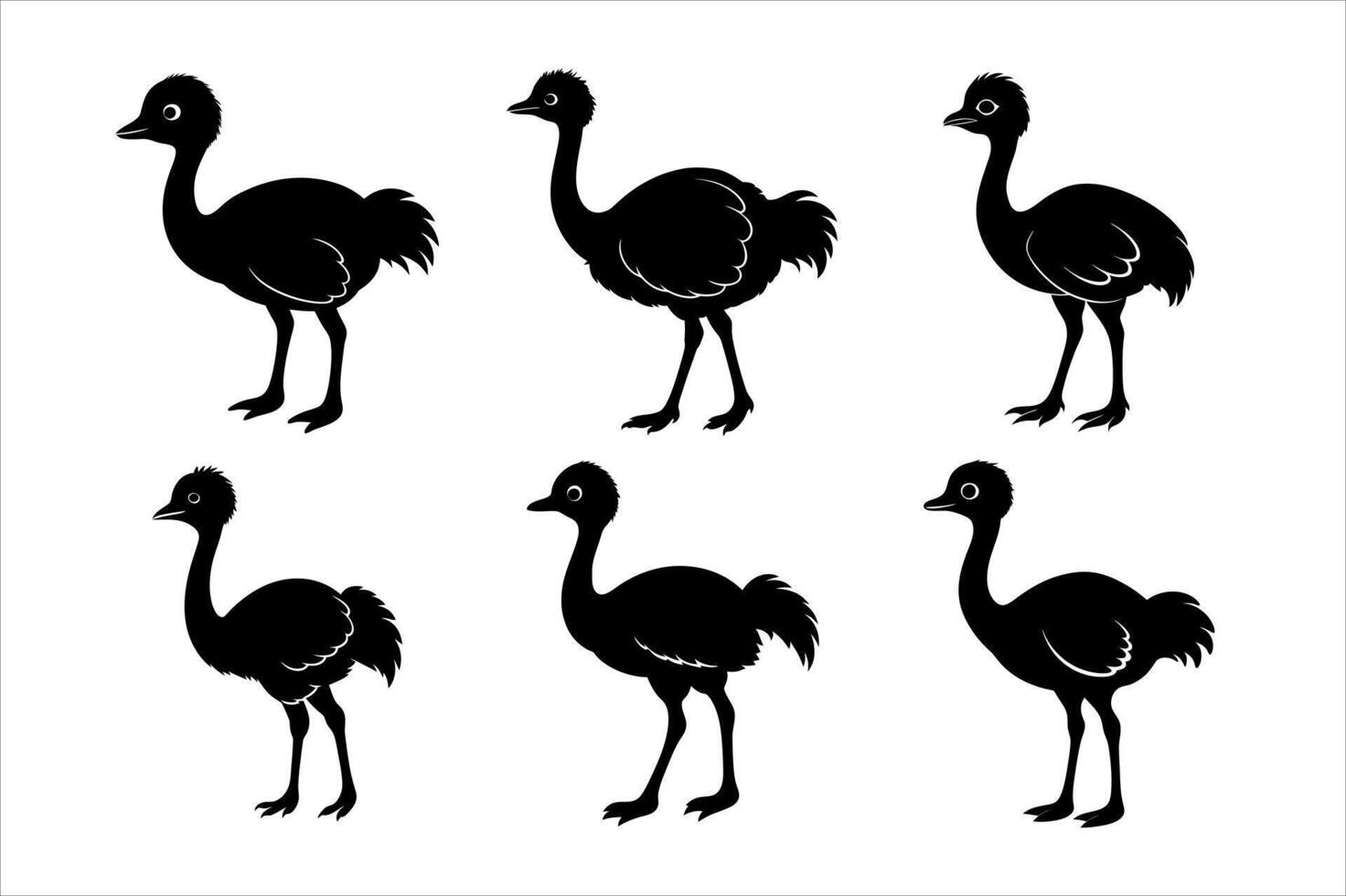 Set of Black and White Ostrich Silhouettes vector