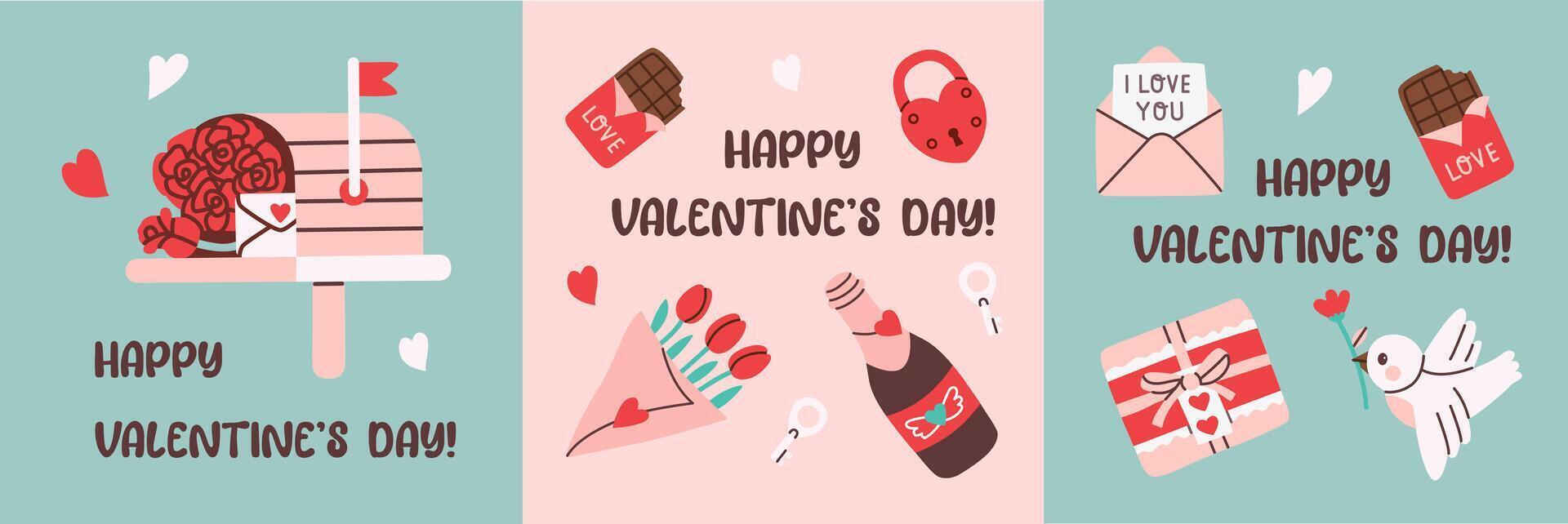 Flat style Valentine's Day card set featuring romantic illustrations of roses, chocolates, gifts, and symbols of love. Perfect for celebrating love and creating warm greetings. vector