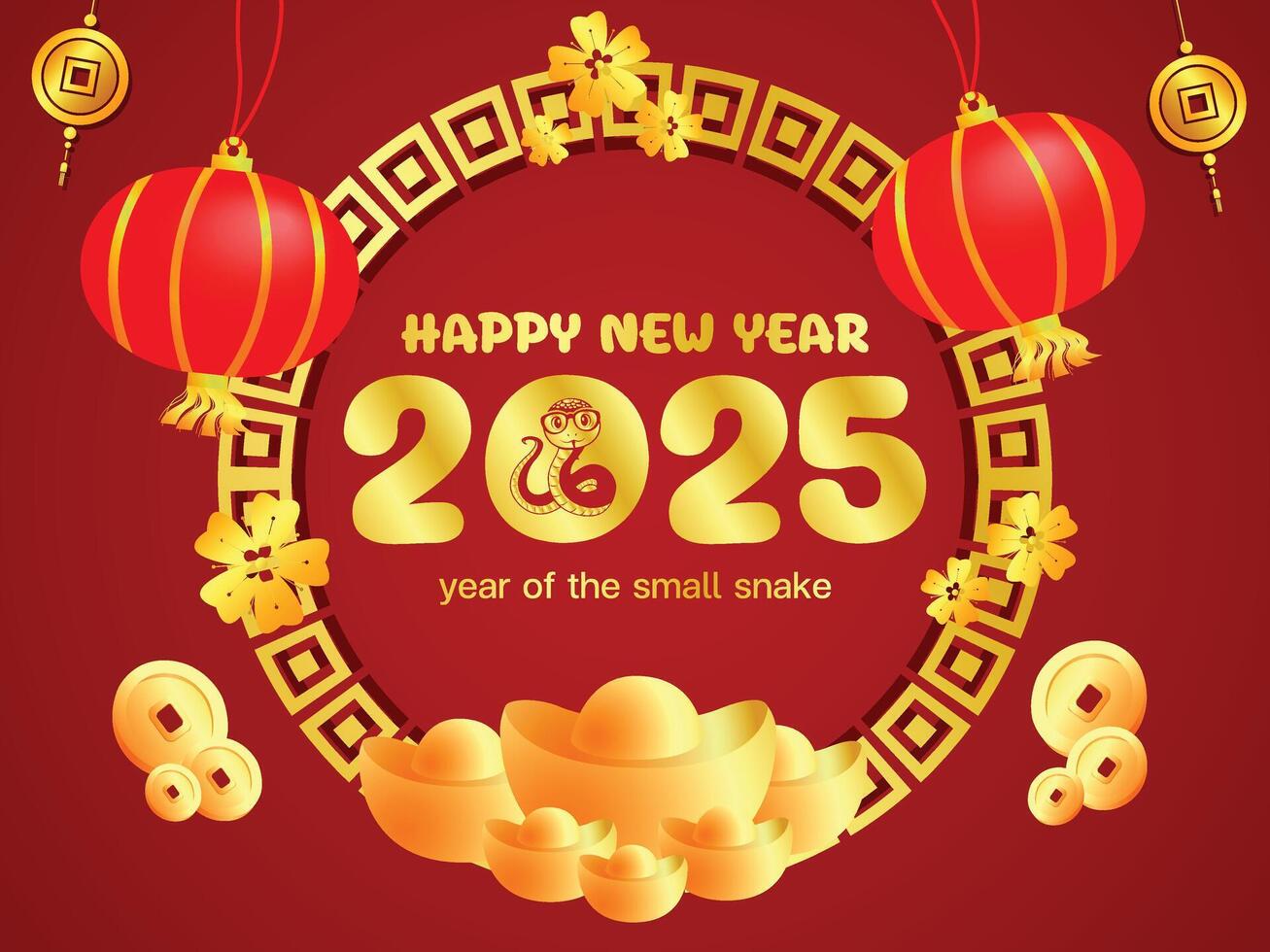 happy new year card snake Lucky 2025 background red sky china gold illusrtation design vector