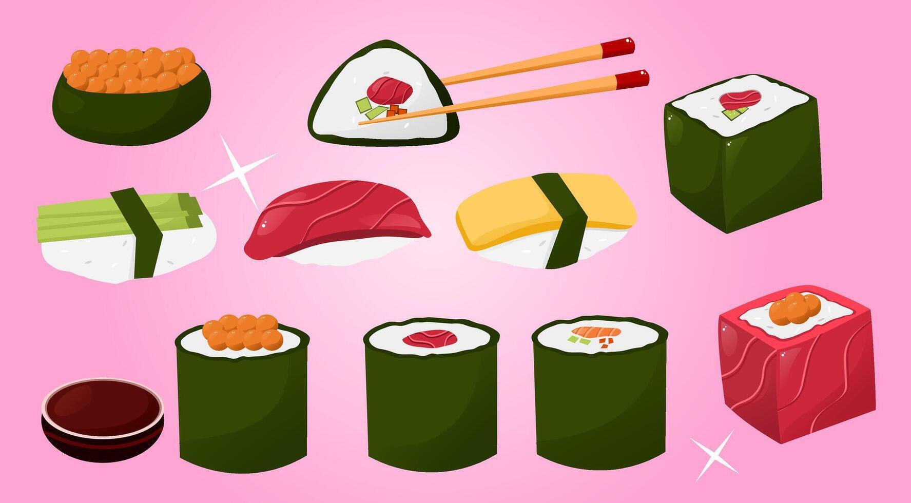 Set of sushi roll with rice, salmon, tuna, caviar, fish, avocado and seaweed. Big set of asian food icons on a pink background vector